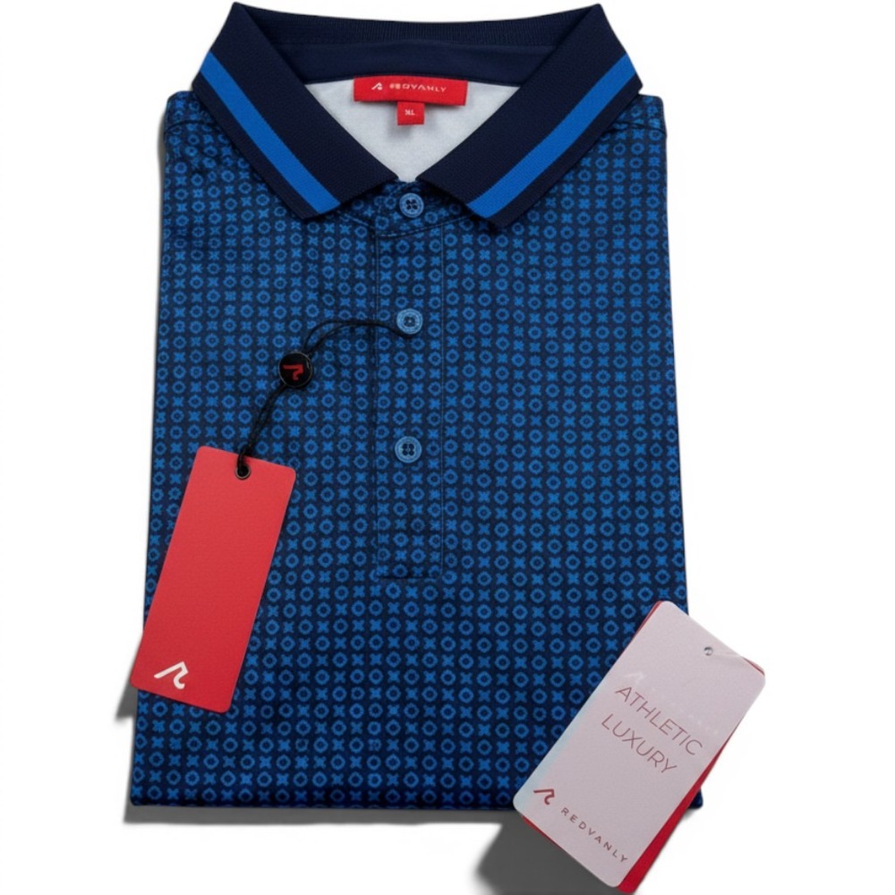 Redvanly Mens XL Blue Geometric Print Short Sleeve Athletic Luxury Golf Polo NWT
